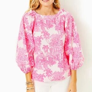 Lilly Pulitzer Barbara Top Palm Beach Anniversary Toile Pink White
